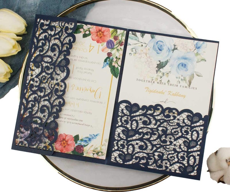 Lucky Star 25 sets 5X7 Dark Navy Blue Tri Fold Wedding Invitations Cards With Envelopes Inserts for Bridal Shower Birthday - Image 1